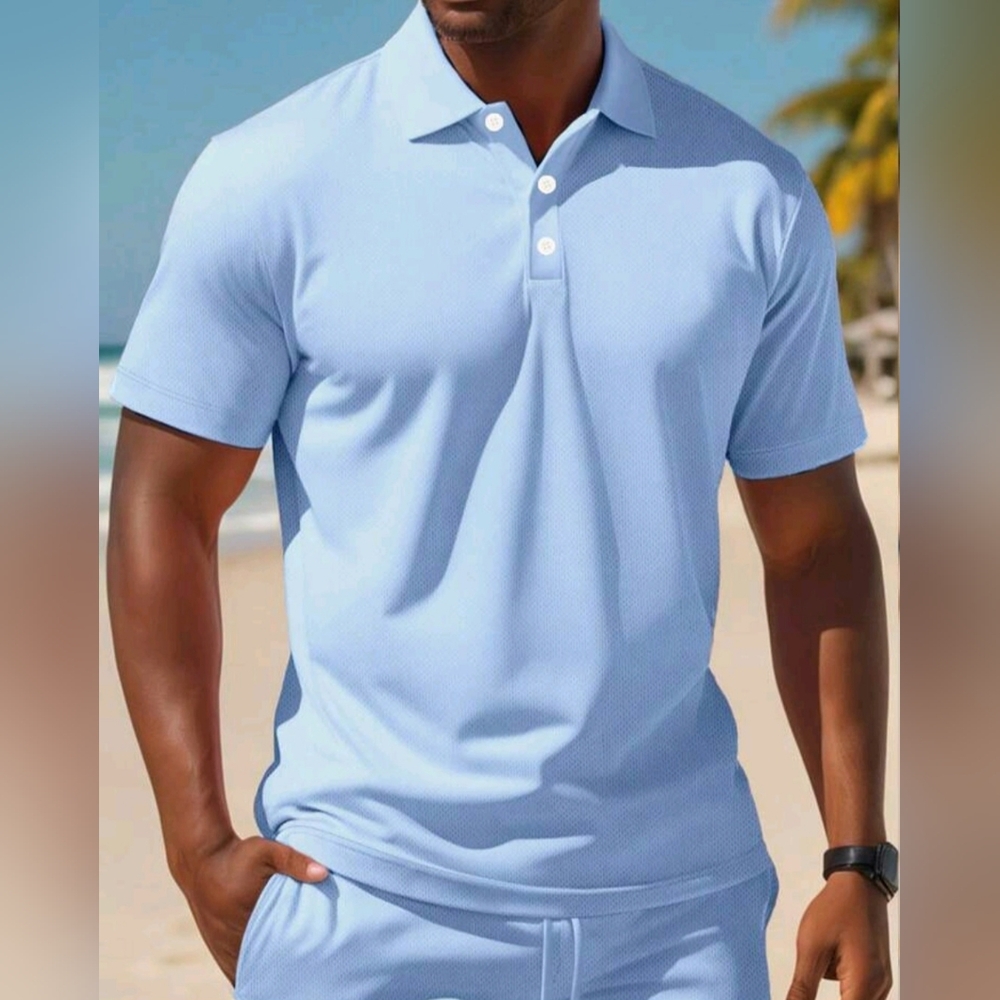 Men's Solid Color Short Sleeve Polo Shirt And Drawstring Shorts Summer Casual Ou